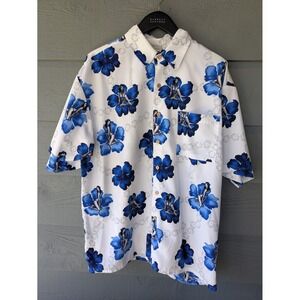 Extreme Gear Shirt Mens XL White Blue Pin Up Hawaiian Short Sleeve Button Up